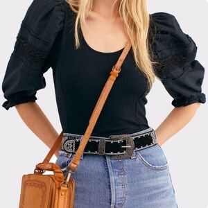 Free People Something Special Top Black Ribbed Eyelet Sleeves Size Large